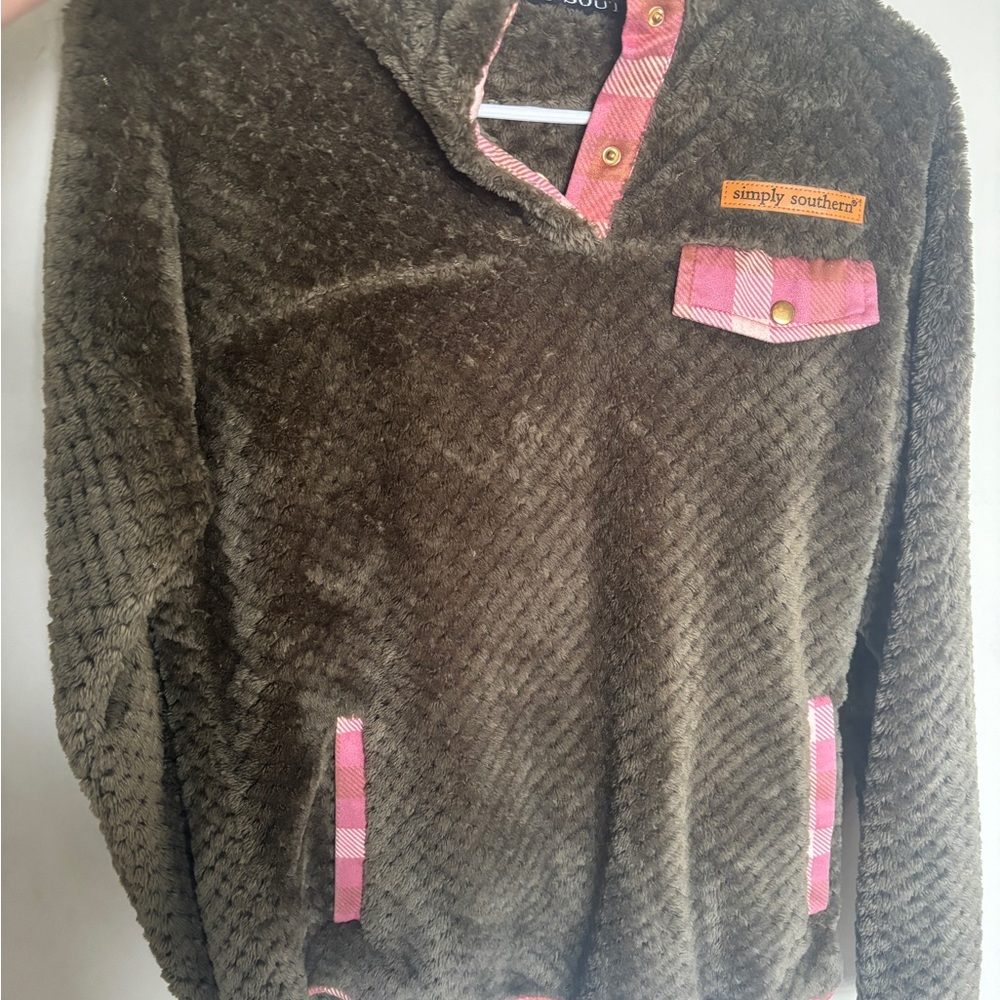 Simply Southern Textured Olive Hoodie with Pink Plaid Details